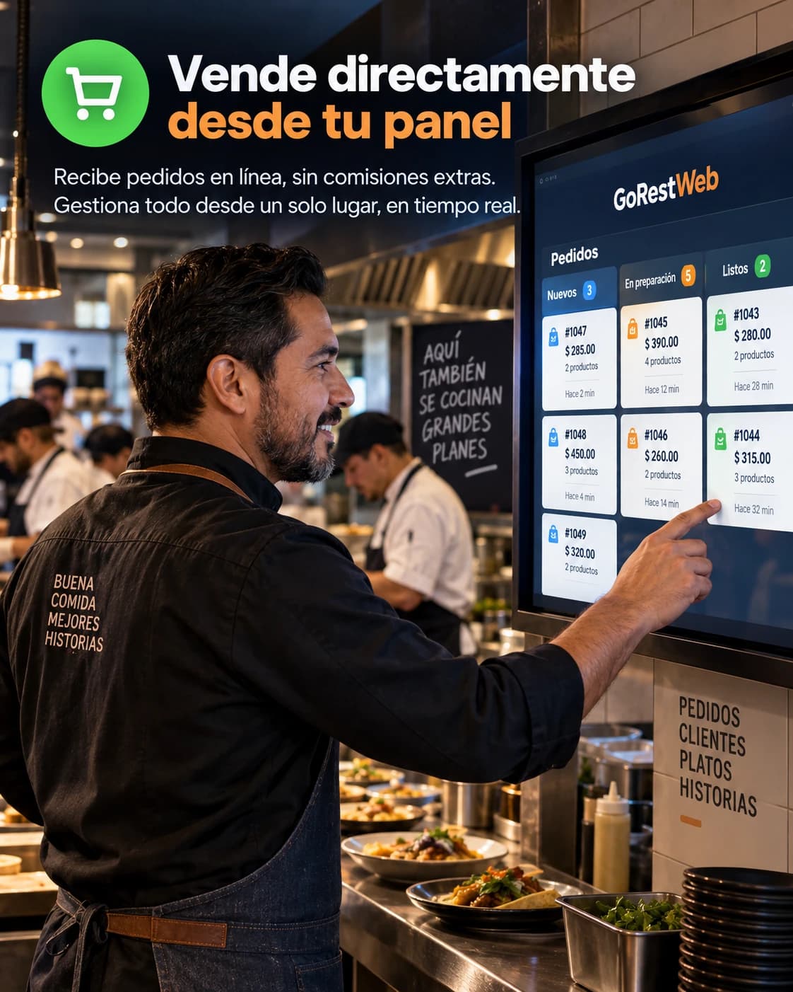 Vende directamente desde tu panel: un mesero revisa en una pantalla los pedidos nuevos, en preparación y listos del restaurante