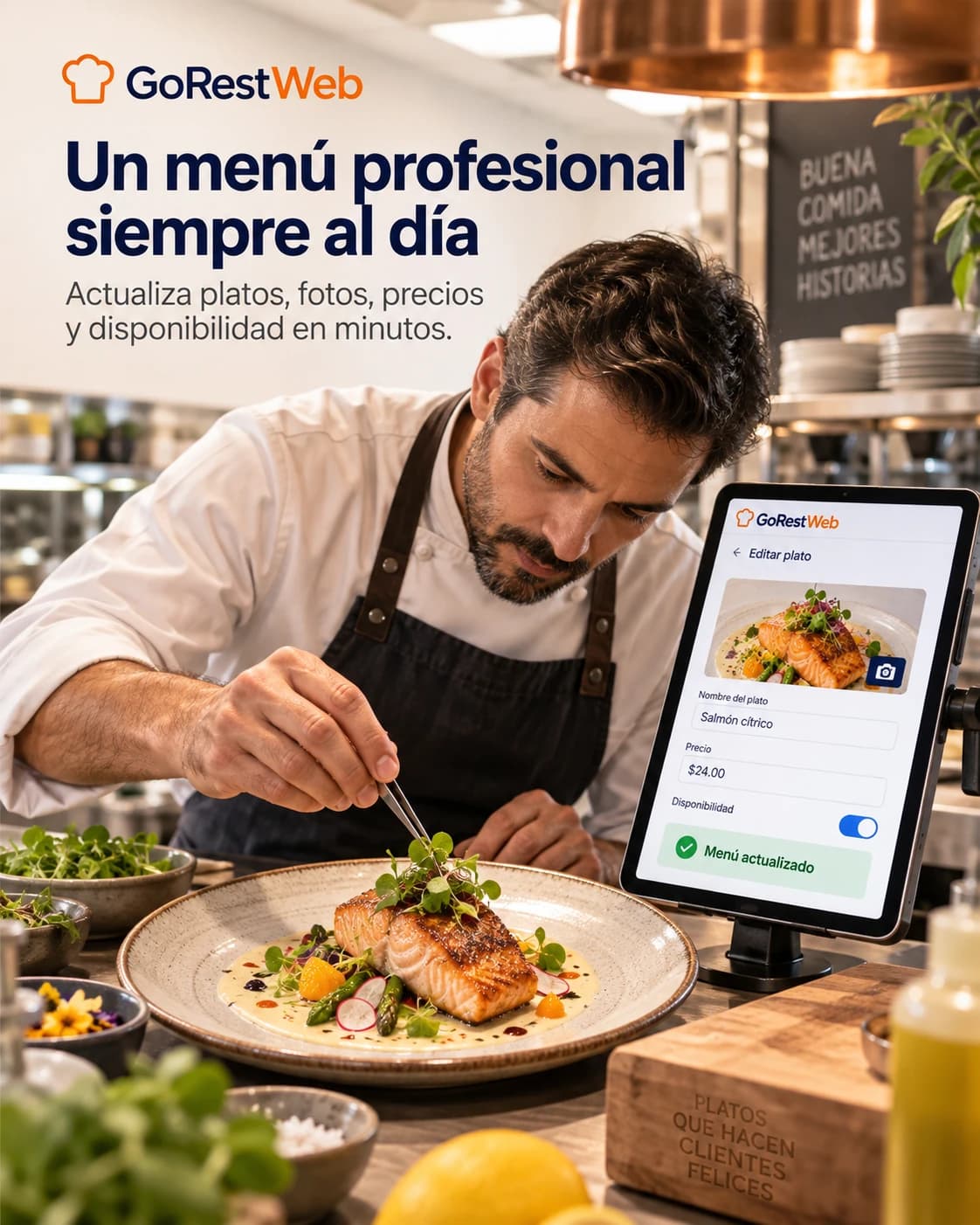 Un menú profesional siempre al día: un chef emplata un salmón cítrico mientras actualiza el plato, precio y disponibilidad en su tablet