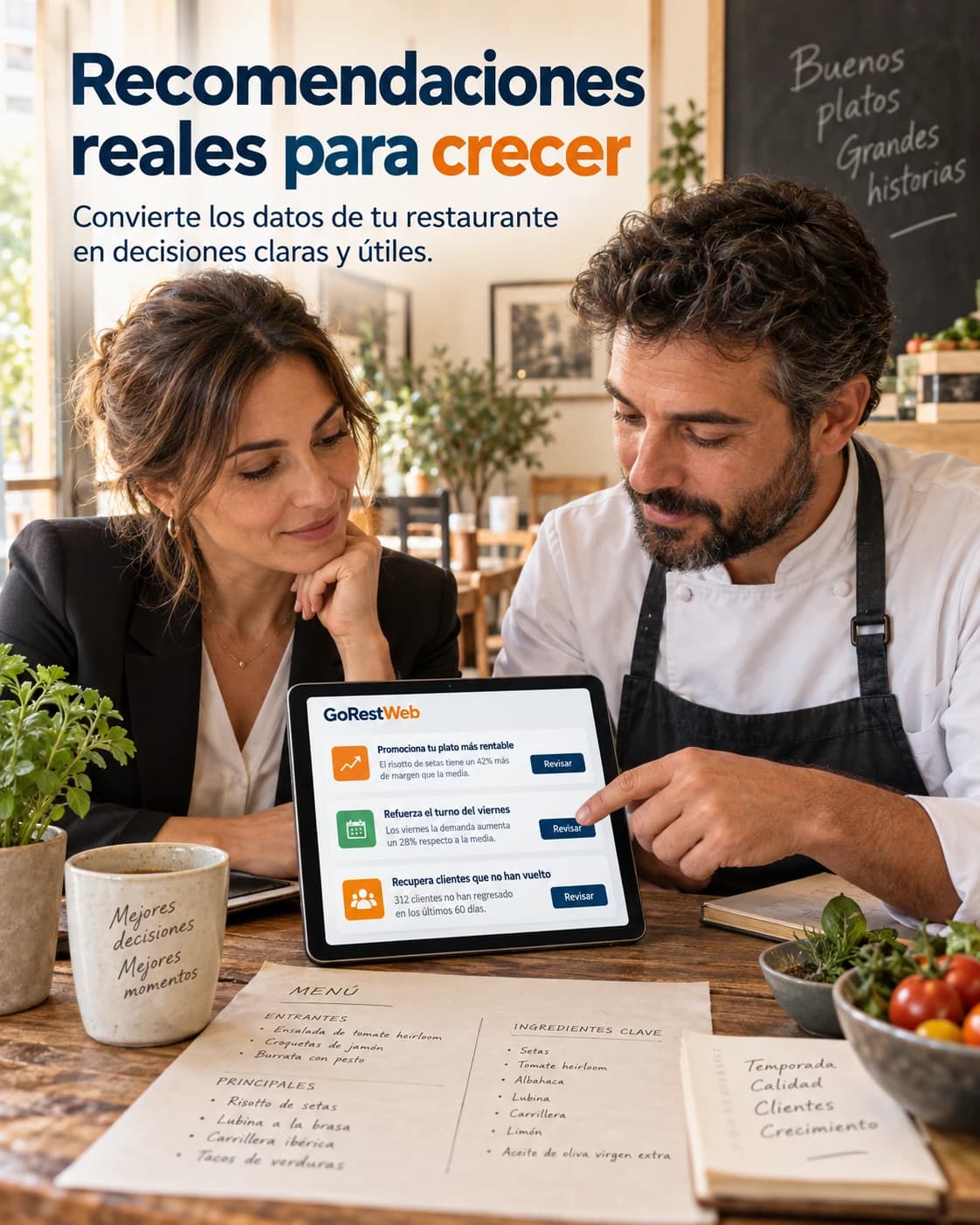 Recomendaciones reales para crecer: dos dueños de restaurante revisan en una tablet recomendaciones para promocionar su plato más rentable y recuperar clientes